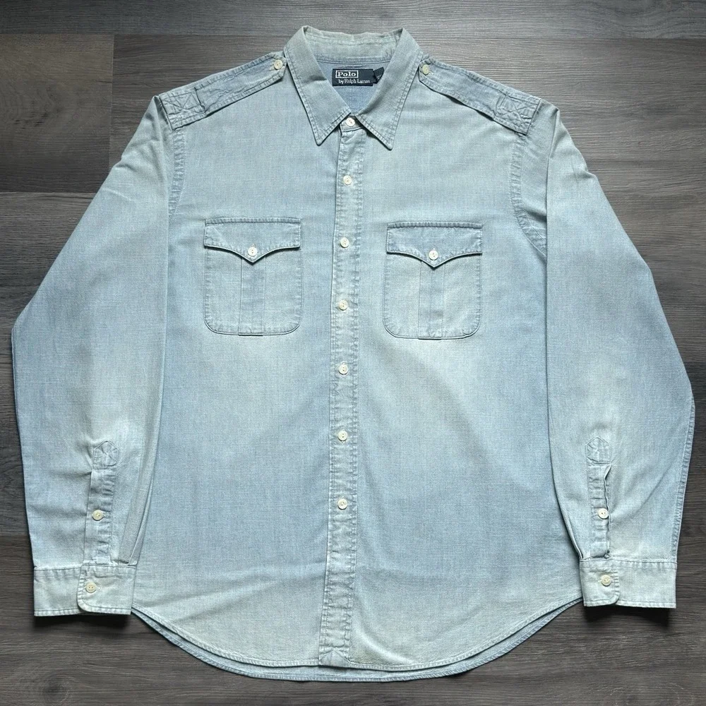 Vintage Polo Ralph Lauren Chambray Denim Work Shirt Mens 2XL Front Pockets